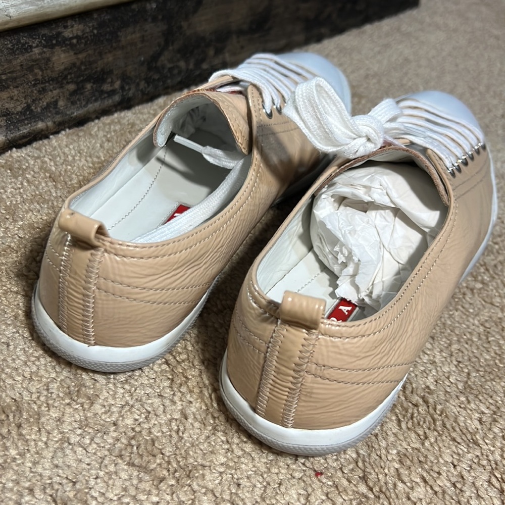 PRADA Sport Patent Leather Nude Cipria Lace Up Sneakers. TV $500 - Picture 2 of 9